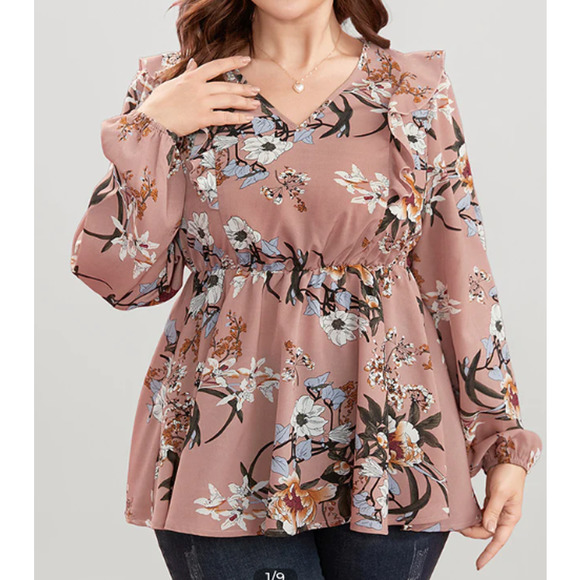 BloomChic Tops - Bloomchic Floral Print Ruffle Trim Lantern Sleeve V Neck Blouse  rose Size 26 4X